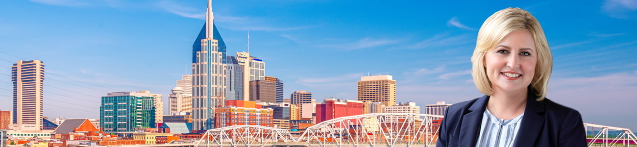 photo of Rebecca Blair over an image of Nashville, Tennessee downtown city skyline.