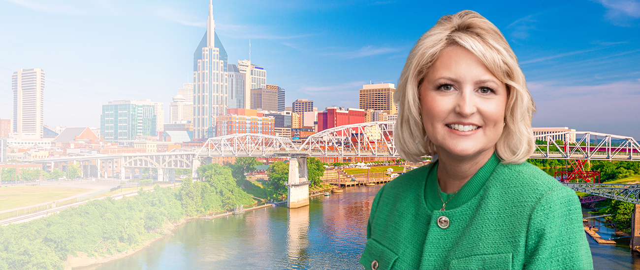 Rebecca C. Blair with Brentwood skyline in the background